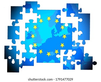 Europe Is Drifting Apart
A Blue Puzzle Of The Map Of Europe Is Falling Apart At The Edges.