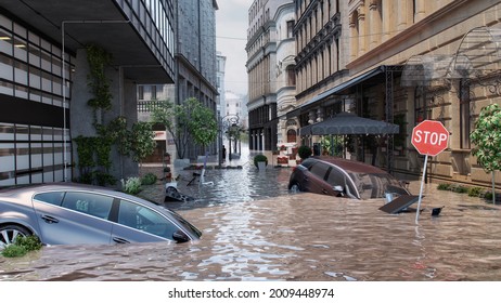 Europe floods: extreme rainfall caused rivers to burst their banks. Flood with high water disaster in Europe, flooding houses, submerged vehicles with rising water. Global warming, climate change 3D