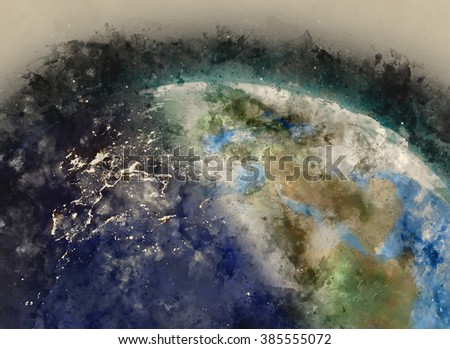Europe globe water painting on paper illustration (Public domain reference image furnished by NASA)
