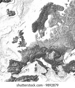 Europe. Grey Shaded Relief Map, With Shaded Sea Floor Structures.