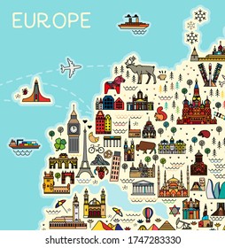 Europe Map Famous Sightseeing Travel Guide Stock Illustration ...