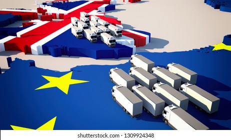 Europe Map With Waiting Trucks - Brexit / Border Control/ Customs Check / 3d-illustration