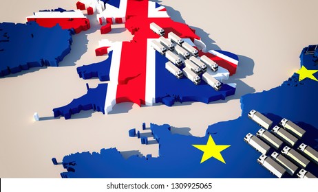 Europe Map With Waiting Trucks - Brexit / Border Control/ Customs Check / 3d-illustration