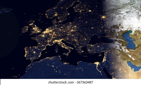 Europe Night Space View - High Resolution Map Composition (Elements of this image furnished by NASA) - Shutterstock ID 367363487