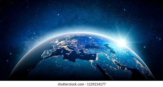 Europe planet Earth. 3D Rendering. Stars my own photo. Elements of this image furnished by NASA