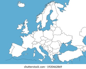 Europe political map sketch with blue sea for coloring
