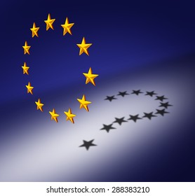 Europe Questions Or Eurozone Crisis Concept As A Group Of Three Dimensional Stars With A Cast Shadow Of A Question Mark As A Symbol For Euro Decision Uncertainty On Financial Debt And Social Issues.