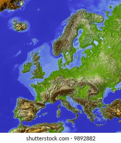 Europe. Shaded Relief Map, With Shaded Sea Floor Structures And Major Urban Areas. Colored According To Terrain Height.