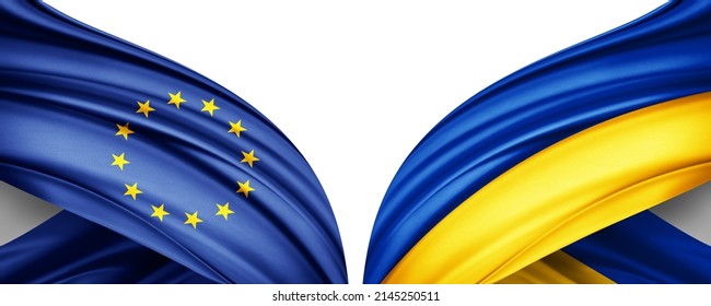 Europe Union Flag And Ukraine Flag Of Silk-3D Illustration