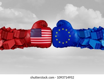 Europe USA trade fight and economic war with American tariffs as two opposing fist freight containers in European Union as an economy dispute over import and exports as a 3D illustration.
