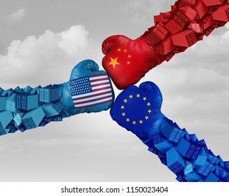 European, China And American Trade Fight And Tariff War As A Chinese Europe USA Economic Problem As Cargo Containers In Conflict As An Economic Dispute Over Import And Exports With 3D Elements.