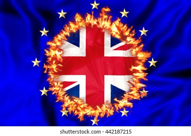 European Economy Burning Money Because Of UK Leaving Europe. Financial Concept For Failure, Debit, Unique Currency And Financial Bond And Brexit