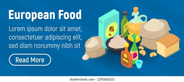 European Food Concept Banner. Isometric Banner Of European Food Concept For Web, Giftcard And Postcard