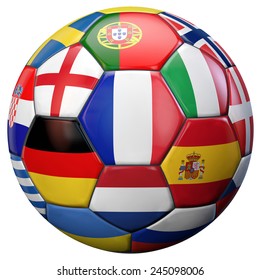 European Football Ball With France And Other National Flags Teams Isolated On White.