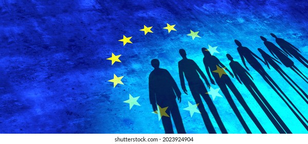 European Immigration Crisis And Europe Refugee Migrant Concept As People On A Border Wall With An EU Flag As A Social Issue About Refugees Or Immigrants Group In A 3D Illustration Style.