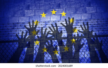 European Immigration Crisis And Europe Refugee Migrant Concept As People On A Border Wall With An EU Flag As A Social Issue About Refugees Or Immigrants In A 3D Illustration Style.