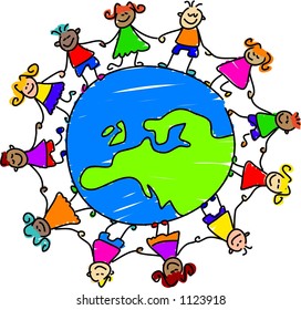 Multicultural Group Children Hold Hands Around Stock Illustration ...