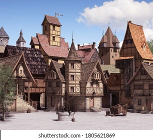 European Medieval Or Fantasy Town Square Architecture On A Sunny Day, 3d Render.