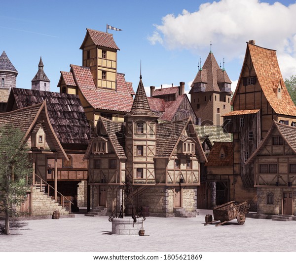 European medieval or fantasy town square\
architecture on a sunny day, 3d\
render.