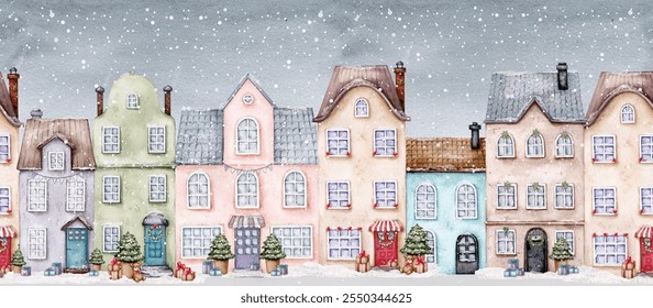 European street with decorated houses. Seamless border. Winter, Christmas, New Year. Snow-covered city buildings on a night background. Old town. Watercolor. Composition for a postcard, poster, book. - Powered by Shutterstock