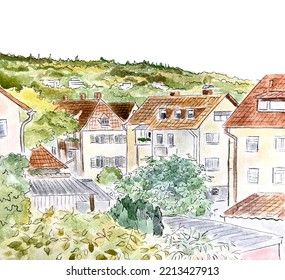 European Town Heidelberg, Germany. View Of Houses And City Roofs. Architecture Watercolor Drawing.