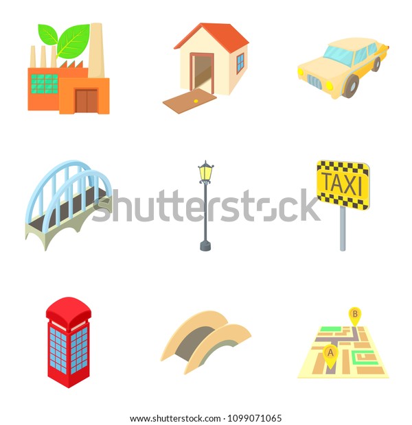 European town icons set.\
Cartoon set of 9 european town icons for web isolated on white\
background