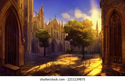 European Townscape At Sunset [Clipart Animated Backgrounds].