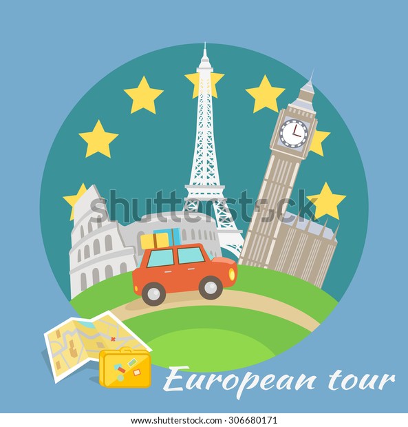 European traveling tour, touristic banner.\
Composition with famous european world landmarks icons. Car around\
Europe. Web banners, marketing and promotional materials,\
presentation. Raster\
version