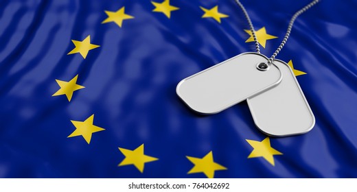 European Union Army Concept, Blank Identification Tags On Waving EU Flag Background. 3d Illustration
