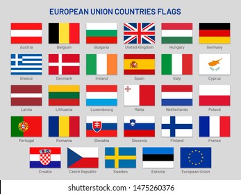 European Union Countries Flags. Europe Travel States, EU Member Country Flag. France, Portugal And Finland Flags. United Kingdom, Greece And Spain Flag Isolated Symbols Set