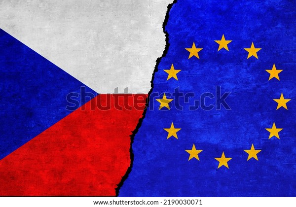 European Union and Czech Republic flags on a wall\
with a crack. Czech Republic and European Union flags together. EU\
Czech Republic alliance, politics, trade, relationship and\
conflicts\
concept
