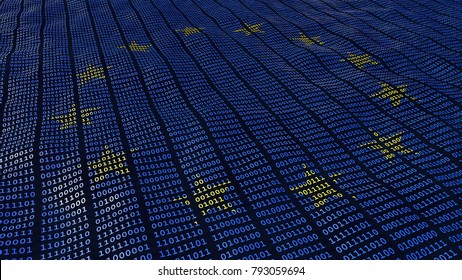 European Union Data Protection Bits And Bytes In Waving Pattern With EU Stars. 3D Illustration