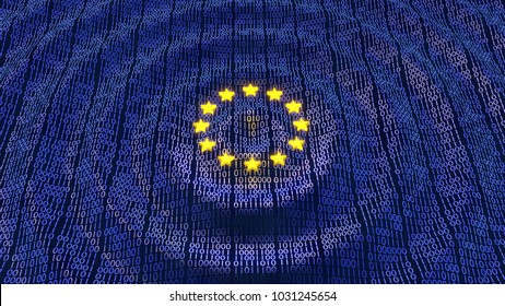 European Union Data Protection (GDPR) bits and bytes in ripple waving pattern with glowing EU stars. 3D illustration