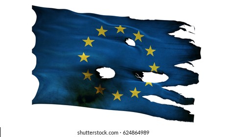 European Union EU Flag Bullet Perforated Burned Grunge Tattered Waving Isolated On White Background 3d Illustration