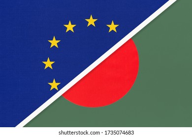 European Union Or EU And Republic Of Bangladesh National Flag From Textile. Symbol Of The Council Of Europe Association Opposite Asian Country. Europe Championship 3D Illustration