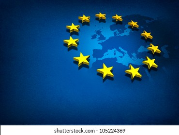 European Union and Europe countries including France Germany Italy and England surrounded by blue ocean with three dimensional yellow flag stars on a blue grunge background.
