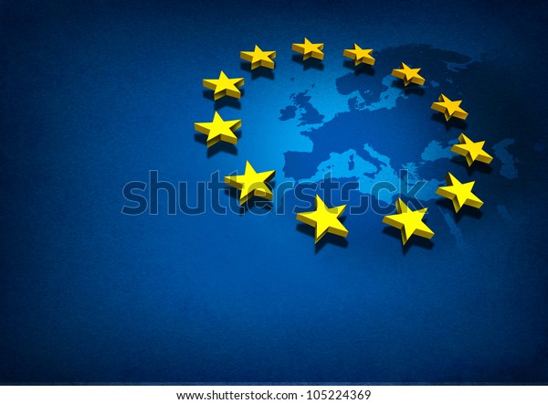 European Union and\
Europe countries including France Germany Italy and England\
surrounded by blue ocean with three dimensional yellow flag stars\
on a blue grunge\
background.