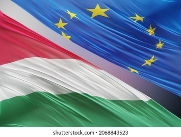 European Union Flag With Abstract Hungary Flag Illustration 3D Rendering (3D Artwork)