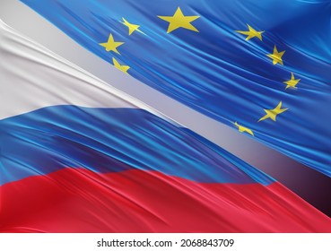 European Union Flag With Abstract Russia Flag Illustration 3D Rendering (3D Artwork)