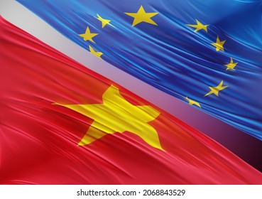 European Union Flag With Abstract Vietnam Flag Illustration 3D Rendering (3D Artwork)