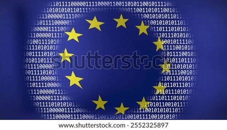 European Union flag with binary code image surrounding it. EuropeanUnion, technology, digital, data, cyberspace, cybersecurity