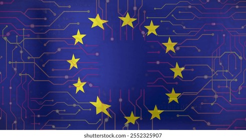 European Union flag with circuit board image over blue background. technology, digital, innovation, electronics, connectivity, data - Powered by Shutterstock