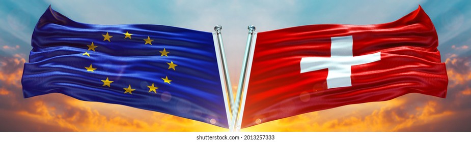 European Union Flag And Switzerland Flag Waving With Texture Sky Clouds And Sunset Double Flag - 3D Illustration - 3D Render  