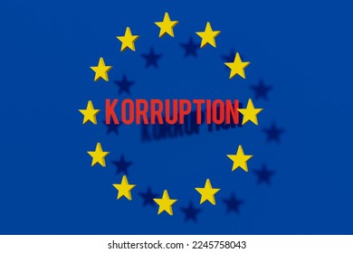 European Union flag with the word Korruption (corruption). Symbol for the fight against corruption within the European union parliament and the EU at all. EU guidelines and politics. 3D illustration - Shutterstock ID 2245758043