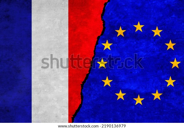 European Union and\
France flags on a wall with a crack. France and European Union\
flags together. EU France alliance, politics, economy, trade,\
relationship and conflicts\
concept