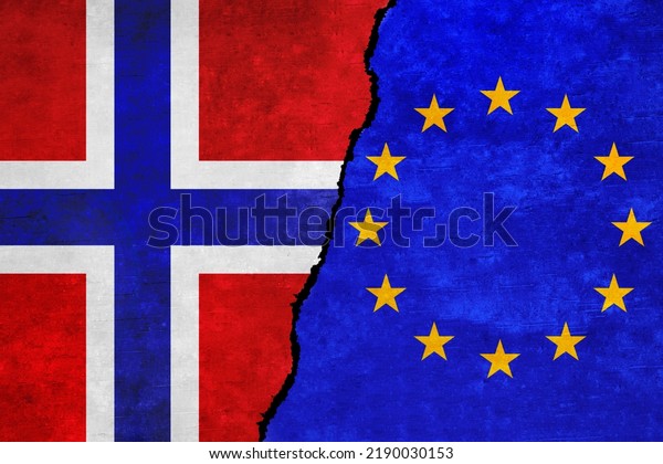 European Union and\
Norway flags on a wall with a crack. Norway and European Union\
flags together. EU Norway alliance, politics, economy, trade,\
relationship and conflicts\
concept