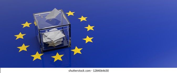 European Union Parliament Election Concept. Voting Box On EU Flag Background. 3d Illustration