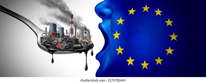 European Union Pollution And Polluted EU Concept With Fossil Fuel And Industrial Toxic Waste As The Flag Of Europe Eating Petroleum And Dirty Polluted With 3D Illustration Elements.