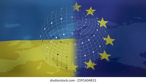 European Union stars and grid image over Ukraine flag and map. solidarity, symbol, support, unity, geopolitical, partnership - Powered by Shutterstock - Get 15% off with code: PIKWIZARD15