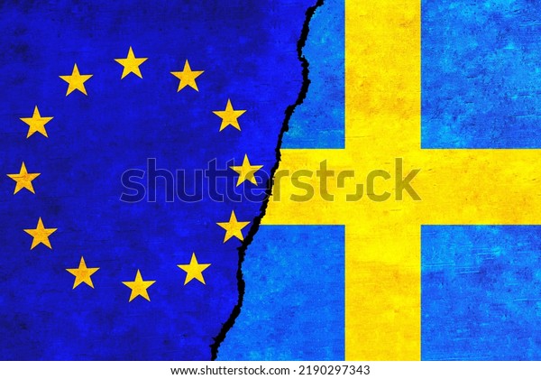European Union and\
Sweden flags on a wall with a crack. Sweden and European Union\
flags together. EU Sweden alliance, politics, economy, trade,\
relationship and conflicts\
concept
